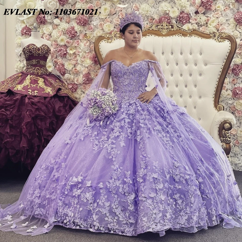 

EVLAST Sparkly Lavender Quinnceanera Dress Ball Gown 3D Butterfly Applique Beaded Cape Corset Sweet 16 Vestidos De 15 Anos SQ708