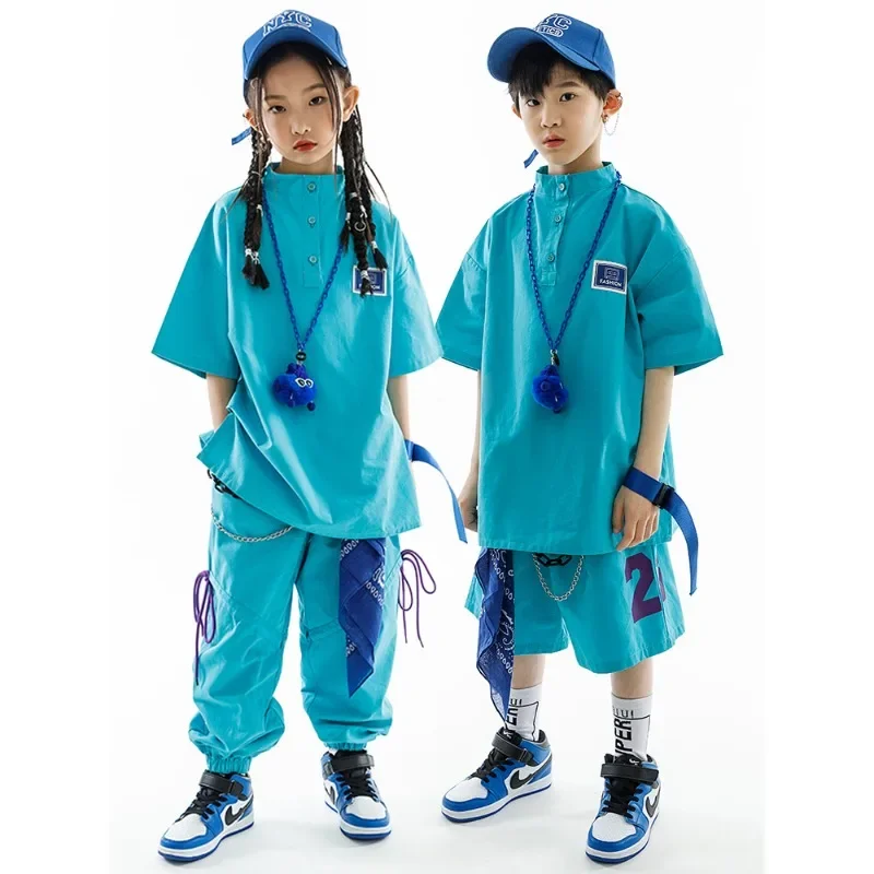 Kinder Street Dance Kinder Hip Hop Kleidung Mädchen Jungen Blau Kurzen Ärmeln T-shirt Hosen Casual Rave Kleidung Lose Praxis Tragen