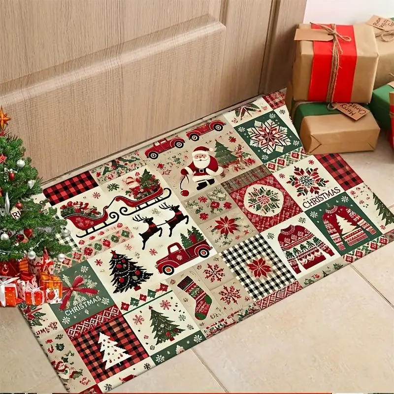 VIKAMA Christmas Patchwork Quilt Doormat Santa Truck Tree Snowman Plaid Welcome Mat Entryway Rug Front Porch Xmas Decor