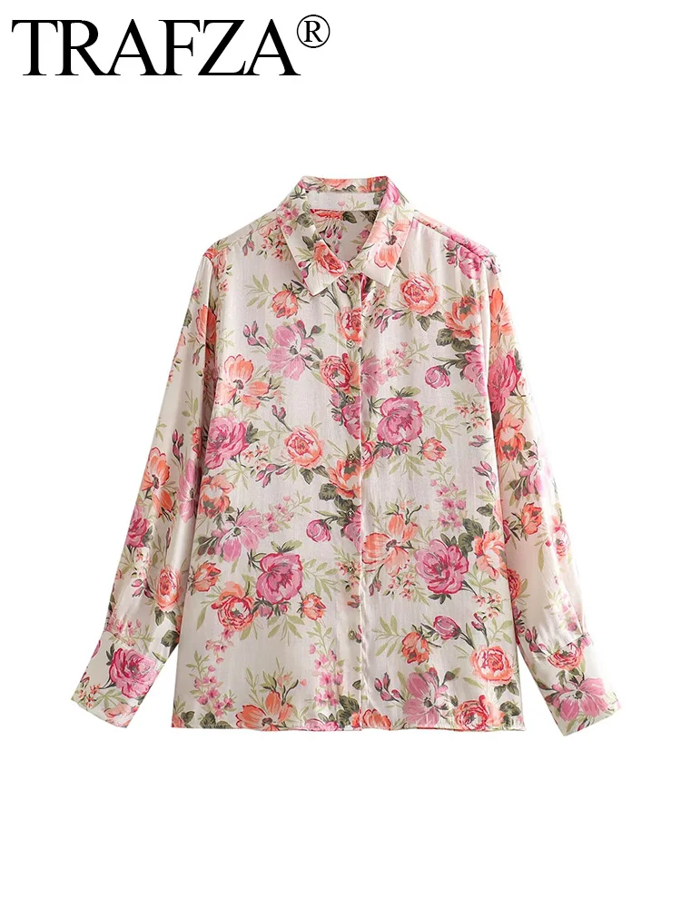 

TRAFZA Women New Fashion Floral Print decoration Loose Lapel Casual Blouse Vintage Long Sleeve Button-up Female Shirts Chic Tops