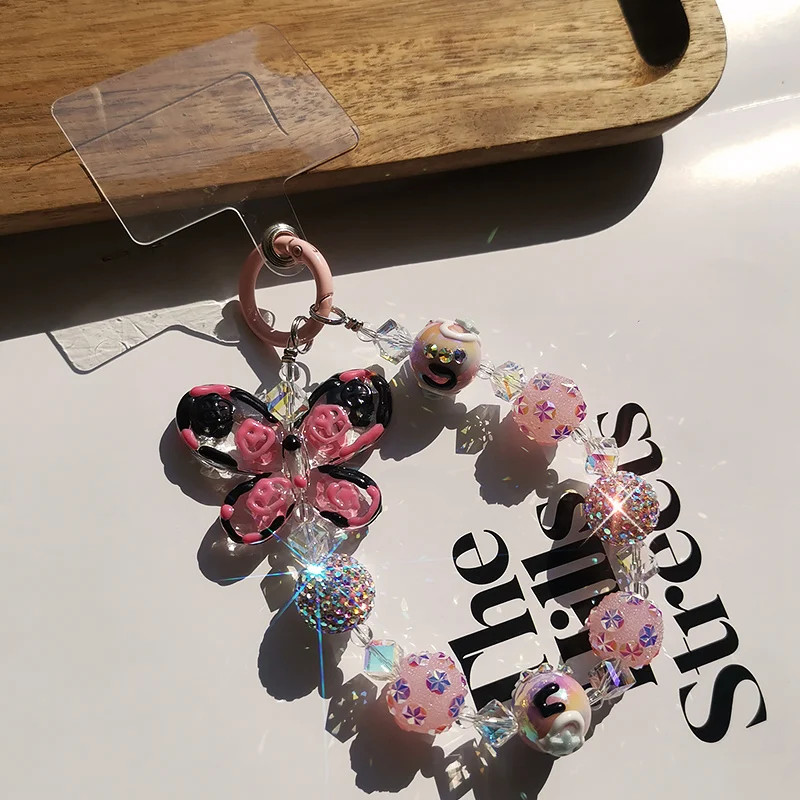 Mobile Phone Strap Universal Sling Loss Prevention Wrist Pendant Wrist Short Water Diamond Ball Fantasy Butterfly Pendant Chain