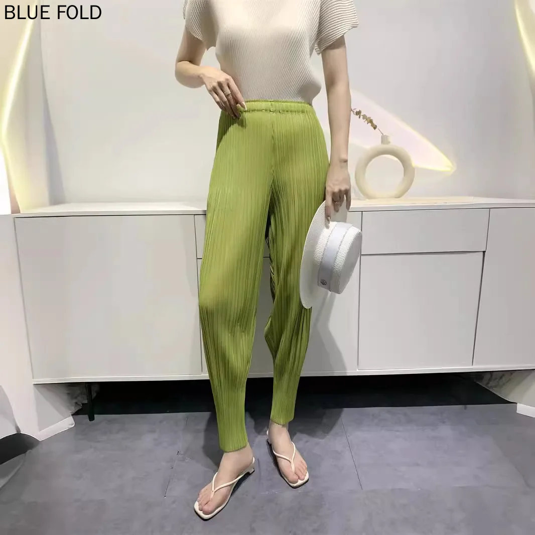 MIYAKE Pleats Summer Pants for Women High Waist Slim Comfortable Casual Wide Leg Nine Points Skinny Pants Pleated Pants