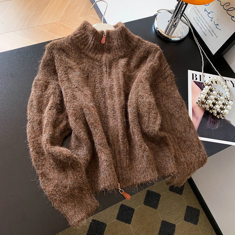 2025 가을/겨울 하이 칼라 지퍼 오픈 스커트 여성용 신상 루즈 소프트 글루티너스 트위스트 니트 코트