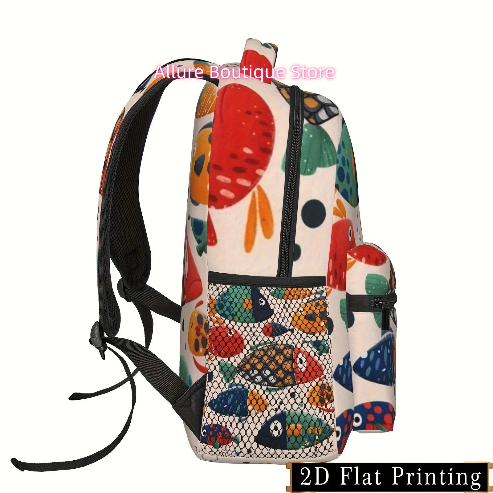 Vibrant Fish Pattern Backpack for Youth - Lightweight, Large Capacity with Tablet Compartment, Waist Protection, and Zipper Clos