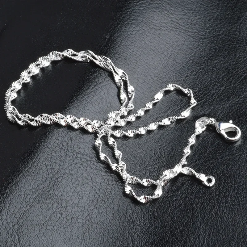 Women's 2mm Water Ripple Sterling Silver Necklace 925 Fashion Jewelry with Chain Stylish Accessory