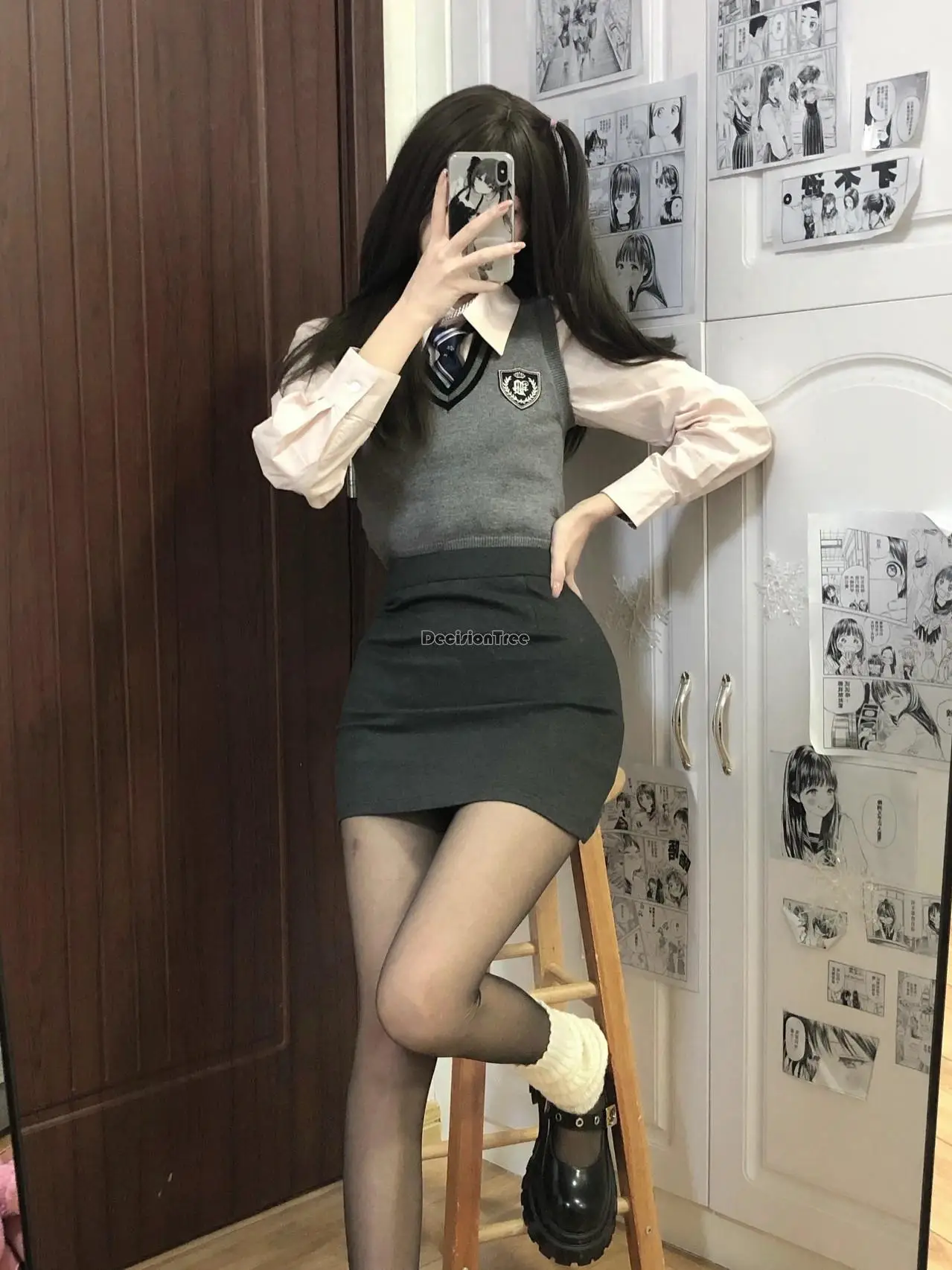 2024 college style jk uniform suit women\'s autumn winter new grey knitted vest pure slim wrap hip skirt