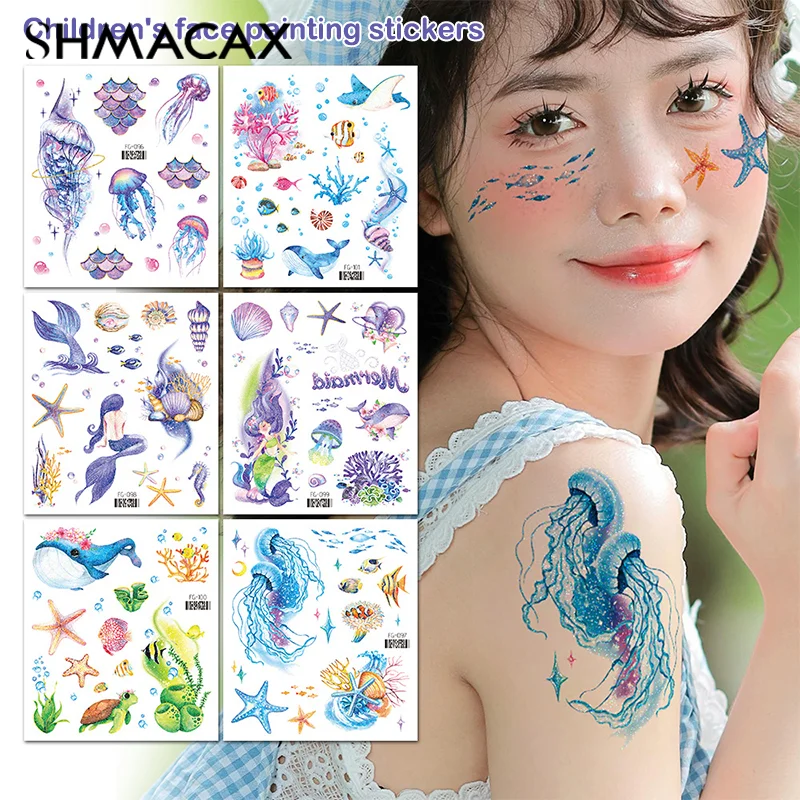 Glitter Ocean Series Tattoo Sticker Temporary Fake Tattoo Stickers For Kids Festival Glitter Face Children's Temporary Tattoos