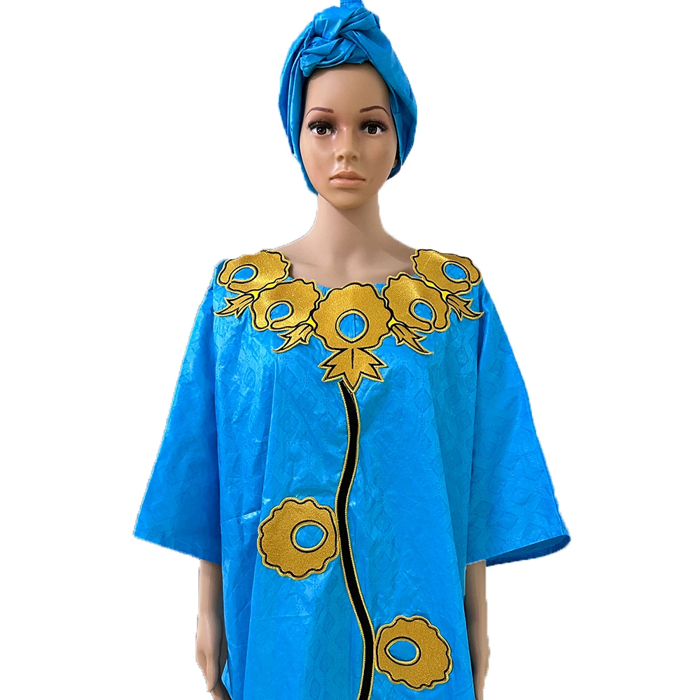 High Quality African Women Bazin Riche Dresses With Headscarf Embroid Stone Nigerian Traditional Wedding Party Dashiki Basin Rob