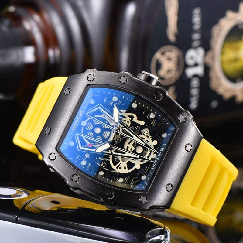 silicone strap square wine barrel large dial watch hollowed out surface calendar quartz watch for men and Students