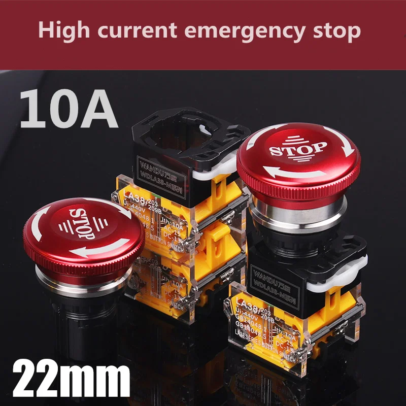 22mm Metal Emergency Stop Button Switch LA38 Stainless Steel Waterproof Mushroom Head Emergency Stop Button