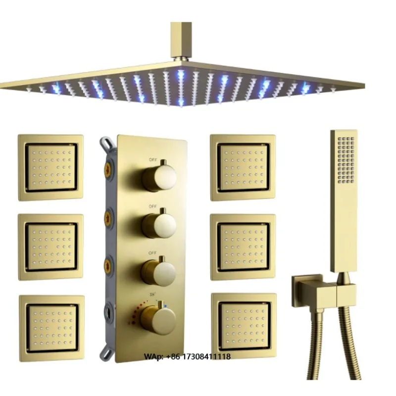 

12 Thermostatic Light Emitting Diode Brushed Gold Rain Bath Shower Set with Ceiling Mounted Square Shower Head