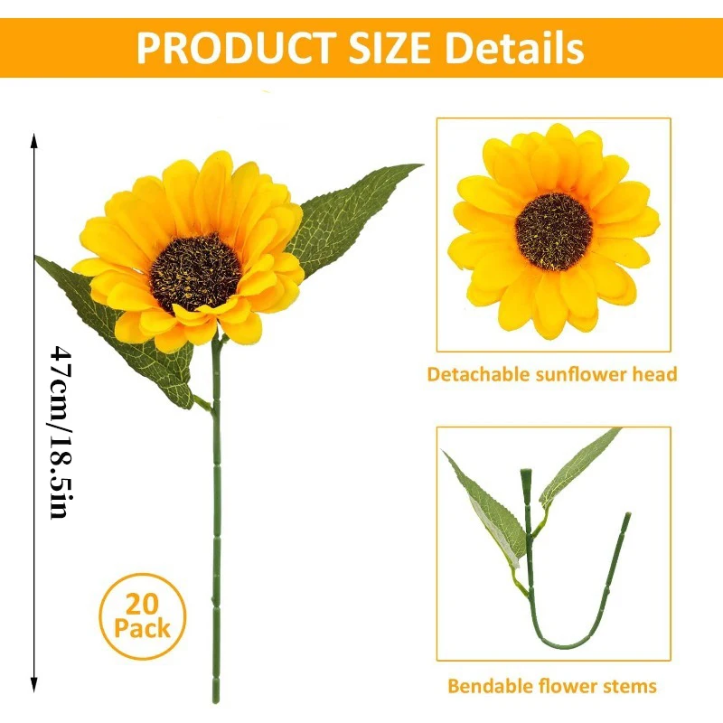 45 cm künstliche Sonnenblumen-Sonnenblumen aus künstlicher Seide, Sonnenblumen für Heimdekoration, Braut- und Hochzeitsstrauß, Blumenarrangement – Detail 2