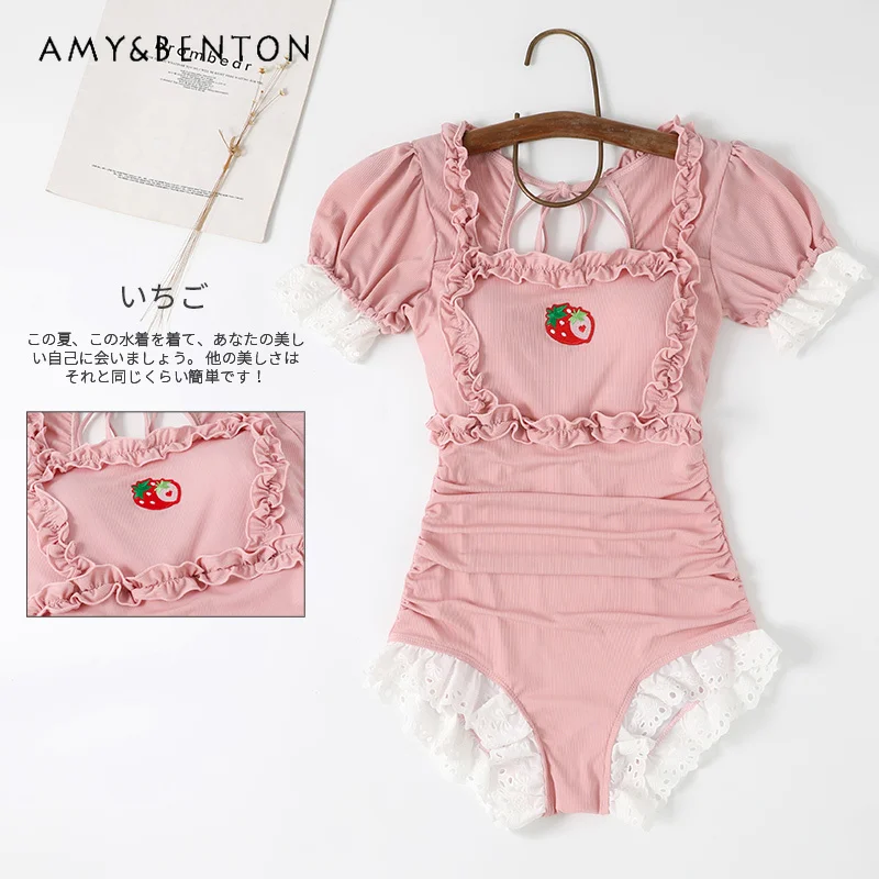 

Strawberry Embroidery Japanese Cute Girl Sweet One-piece Triangular Swimsuit Women Retro Bubble Sleeve Kawaii Lace Swimwear