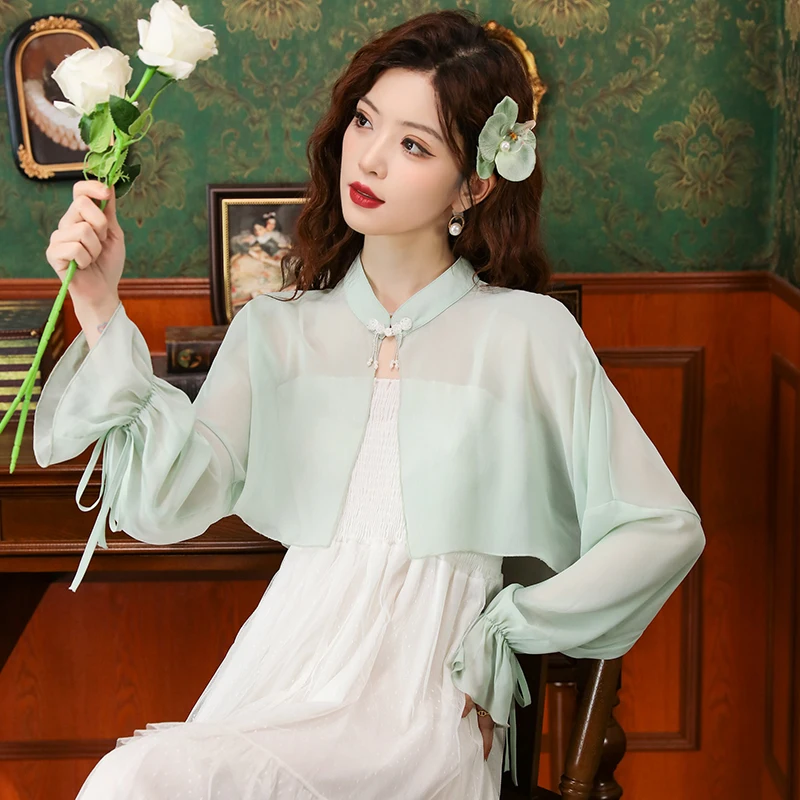 

Fashion Woman Lace Shawl Spring Summer Blouse Women Shirt Casual Chiffon See-through Clothing Female OL Ladies Sexy Tops BF8808