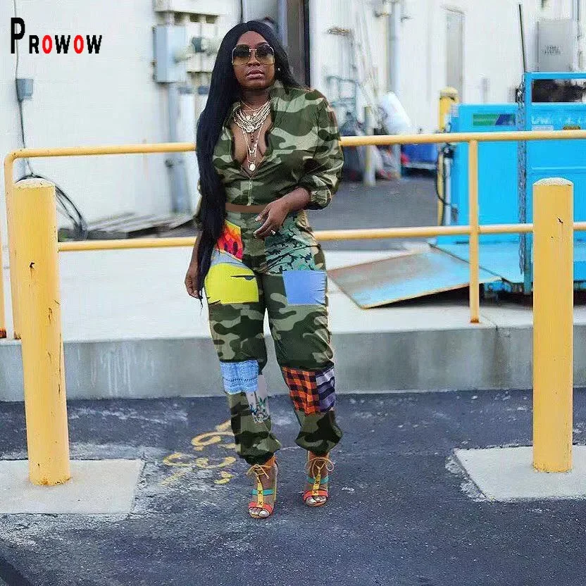 Prowow Women's Tracksuits Zipper Crop Coat Elastic Waist Pant Two Piece Sporty Suits Camouflage Print Fall Female Clothing Set