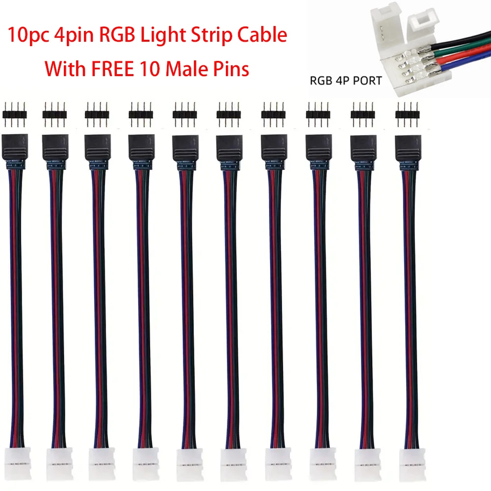 10pc 4pin RGB Light Strip Cable Transfer Board Connector With FREE 10 Male Pins LED Light Strip Link Lines