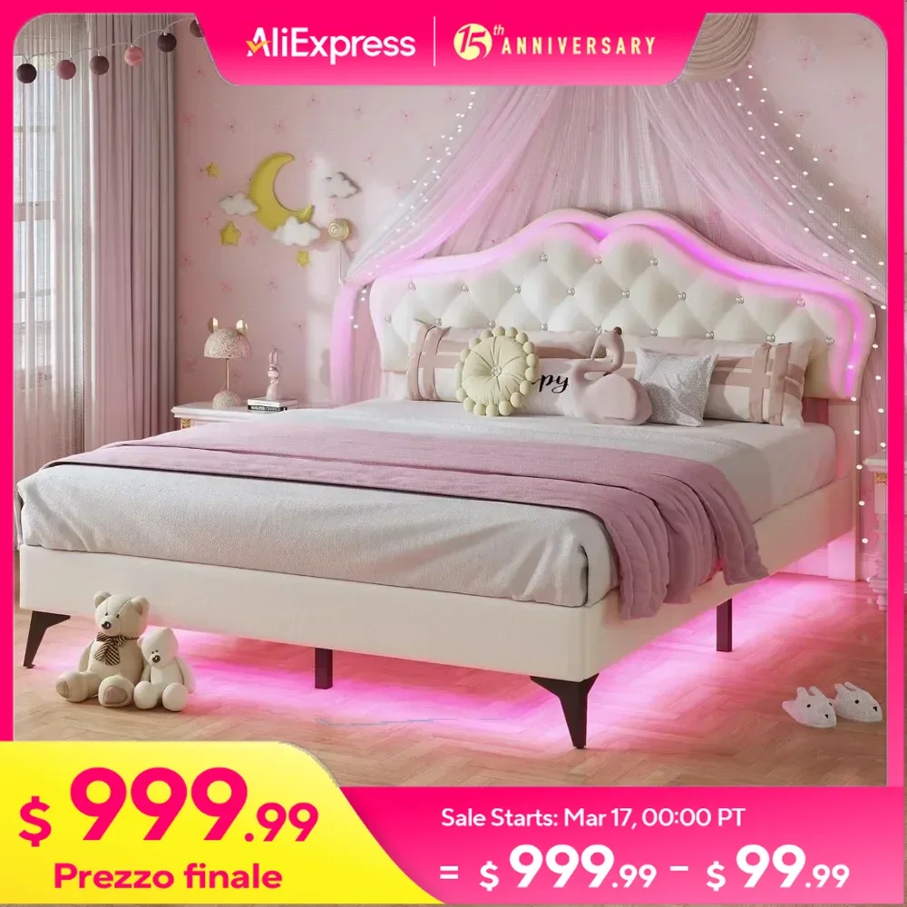 Full Size Bed Frame with LED Lights, Adjustable Headboard, Crystal Button, Solid Wood Slats Support, Princess Platform Bed Frame