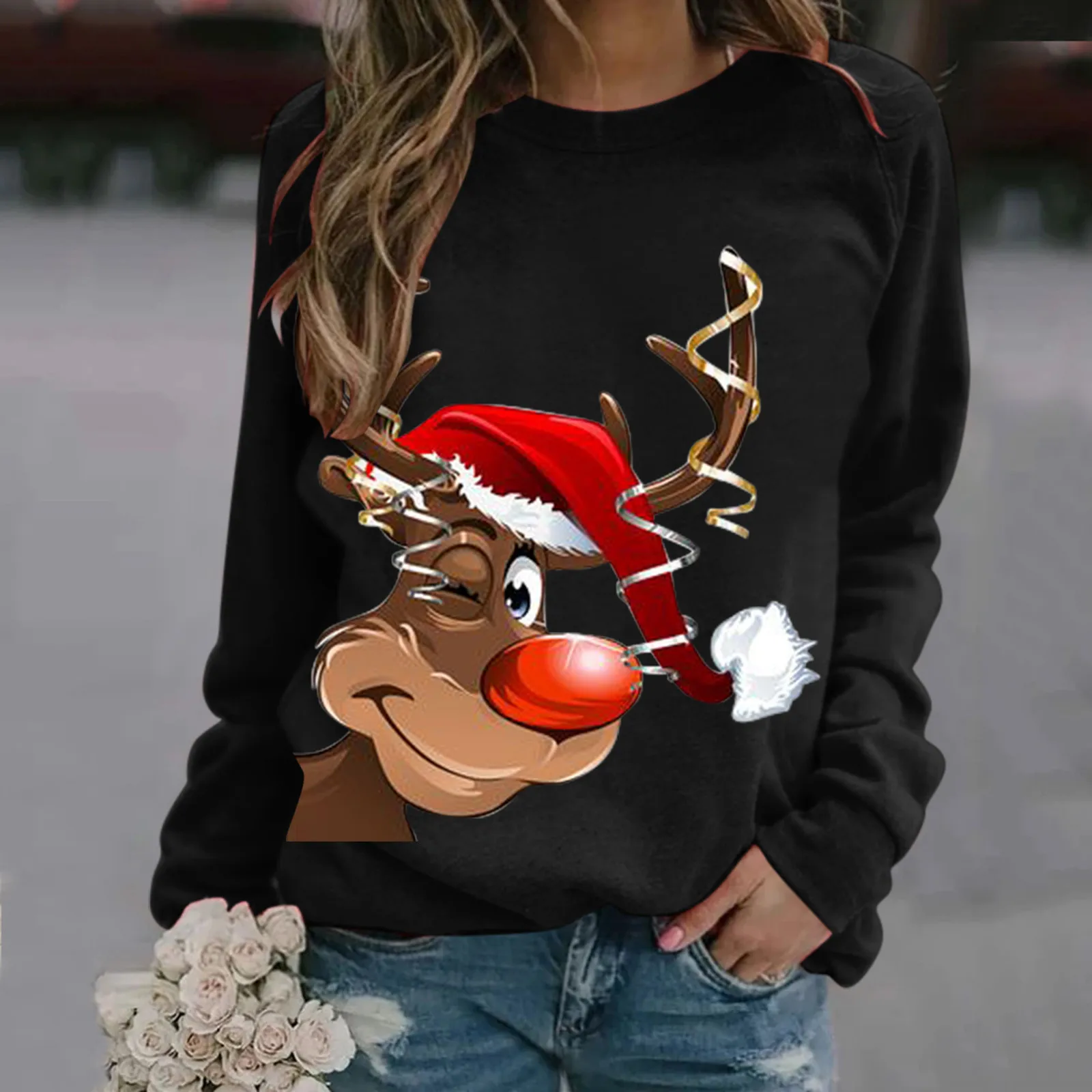 

Womens Christmas Hoodies Cartoon Elk Print O Neck Long Sleeve Sweatshirt Oversize Trendy Xmas Party Holiday Crewneck Pullovers