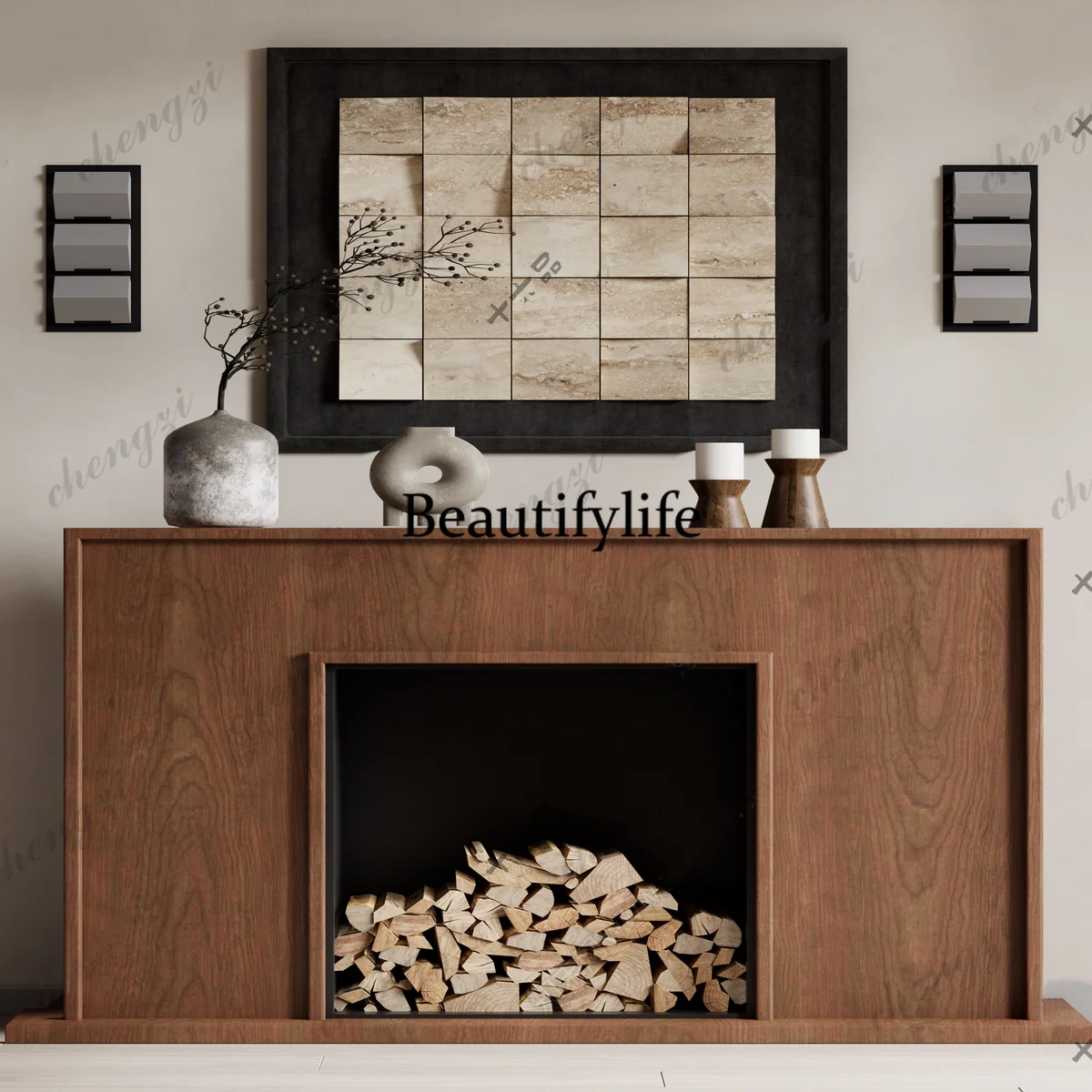 French antique solid wood fireplace, American retro door cabinet, silent background wall, living room decoration cabinet