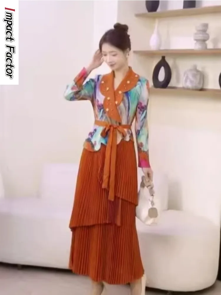 

Miyake Pleated Loose Women's Dress Fashion Slim Suit Collar Long Sleeve Printed Pleated Casual Dress