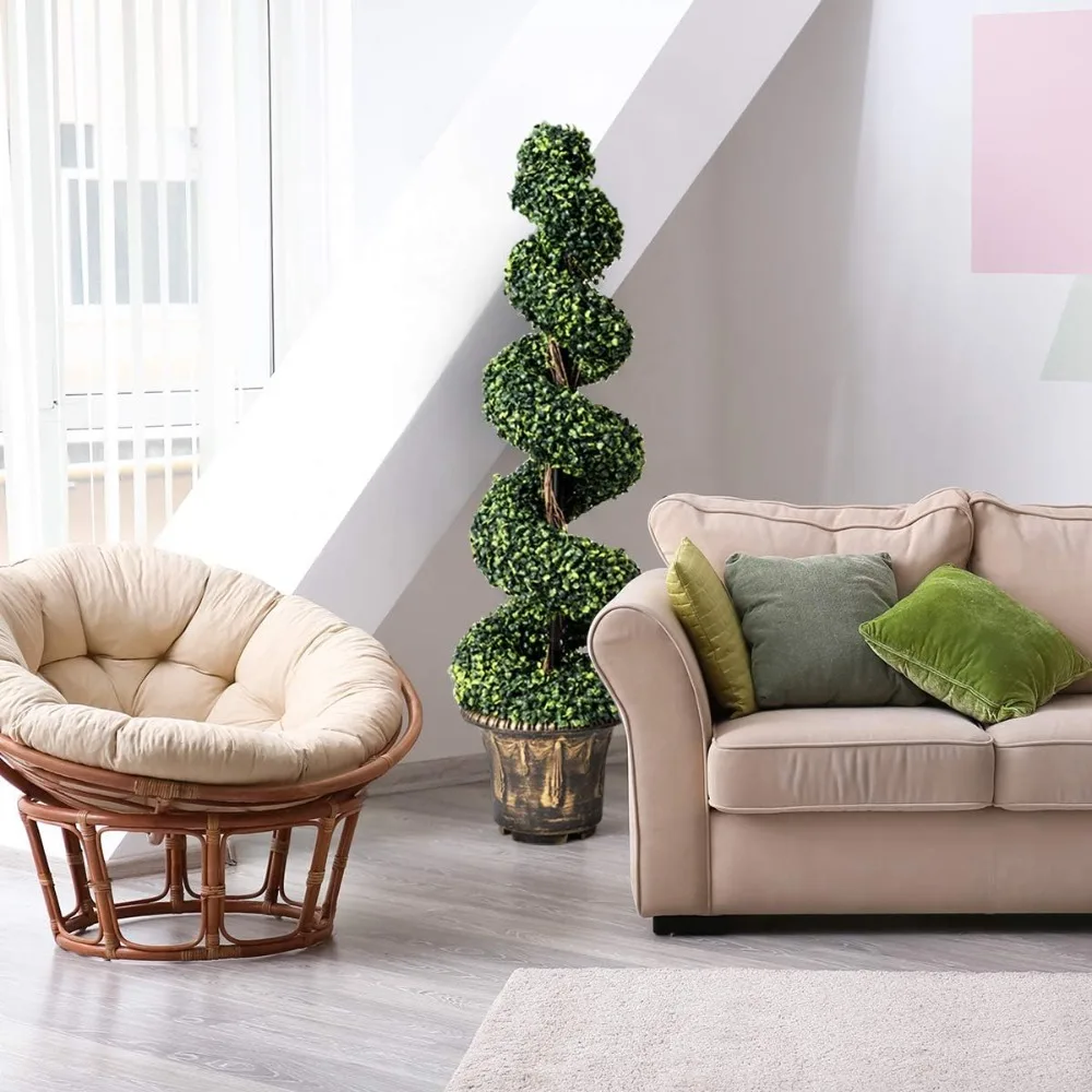 

4 Ft Artificial Boxwood Spiral Topiary Tree, Fake Greenery Plants, Leaves & Cement-Filled Plastic Flower Pot Decorative Trees