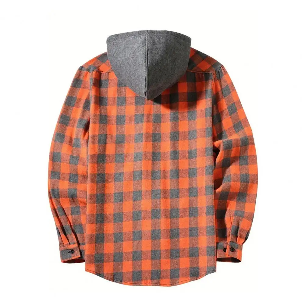 Plaid Button-up Shirt Men's Plaid Print Hooded Shirt Coat for Daily Wear School Long Sleeves Drawstring Single-breasted Fall