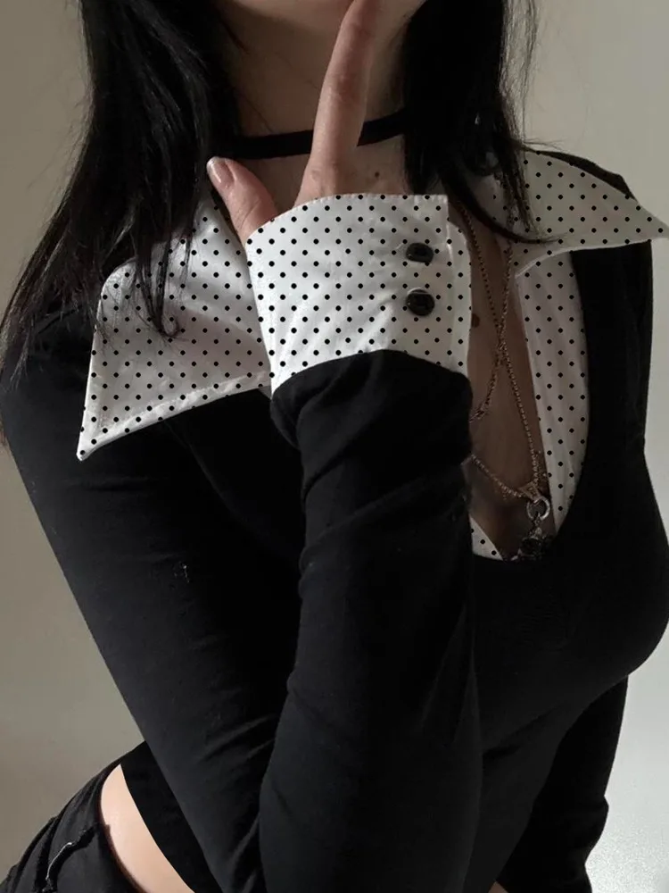 AltGoth Fairycore Grunge Chic T-shirt femmes esthétique élégant Y2k à pois faux deux pièces Patchwork col en v à manches longues T-shirt