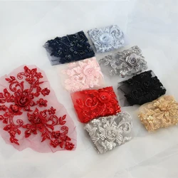 1Pair Multicolor DIY Handmade Beaded Mirror Lace Flower Applique.Patch.Wedding Dress Accessories Lace Mending Clothes 23*14CM