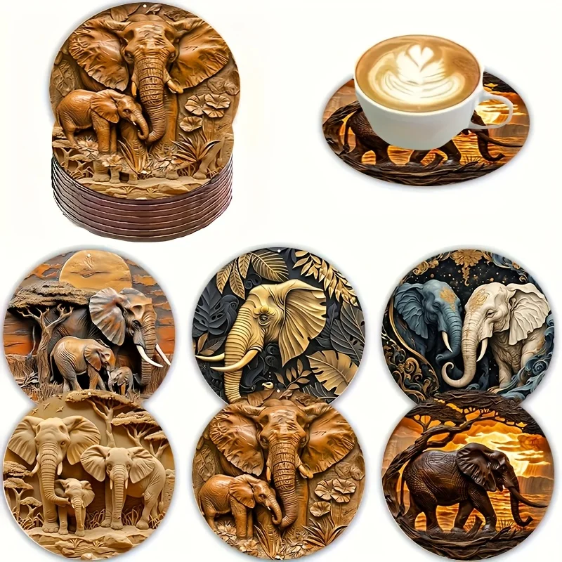 2D Trendy Elephant Motif Wooden Cup Mat Surface Guard Household Dining Celebration Seasonal Ornament Perfect Present Functional