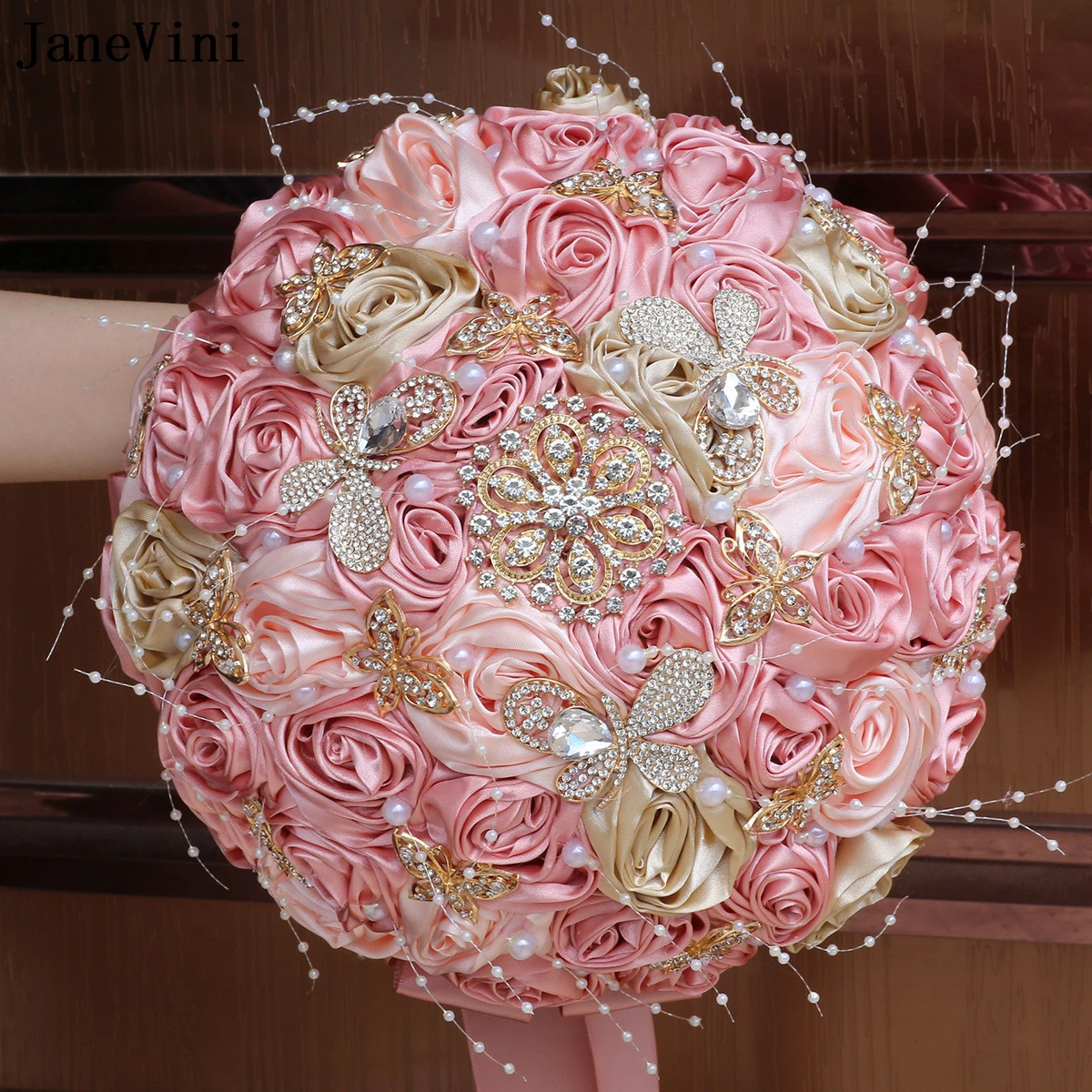 

JaneVini New Luxury Gold Rhinestones Jewelry Bridal Bouquets Artificial Dusty Pink Satin Roses Wedding Bouquet Flowers for Bride