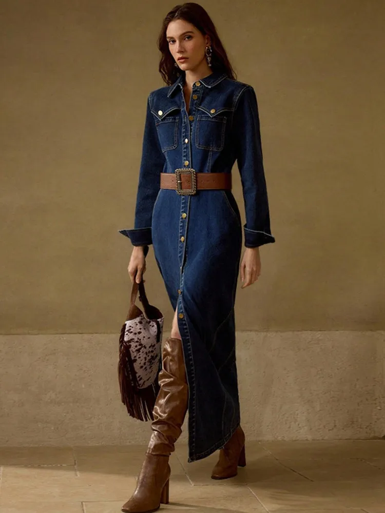 2026 ربيع الخريف موضة الدنيم فساتين الحفلات الرجعية المرأة مثير واحدة الصدر التلبيب قميص فستان عادية كم طويل بوهو فستان #2