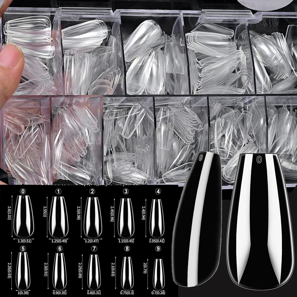 500Pcs Mid-Ballet Clear/Natural Full Cover Press On Nail Tip 26-33mm Ballet False Fake Nails DIY Manicure Extension Tips Capsule