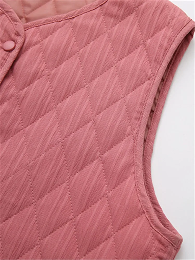 Plus Size Women's Clothing Spring And Autumn Vest Collarless And Sleeveless Solid Color Diamond Check Quilted Lightweight Jacket