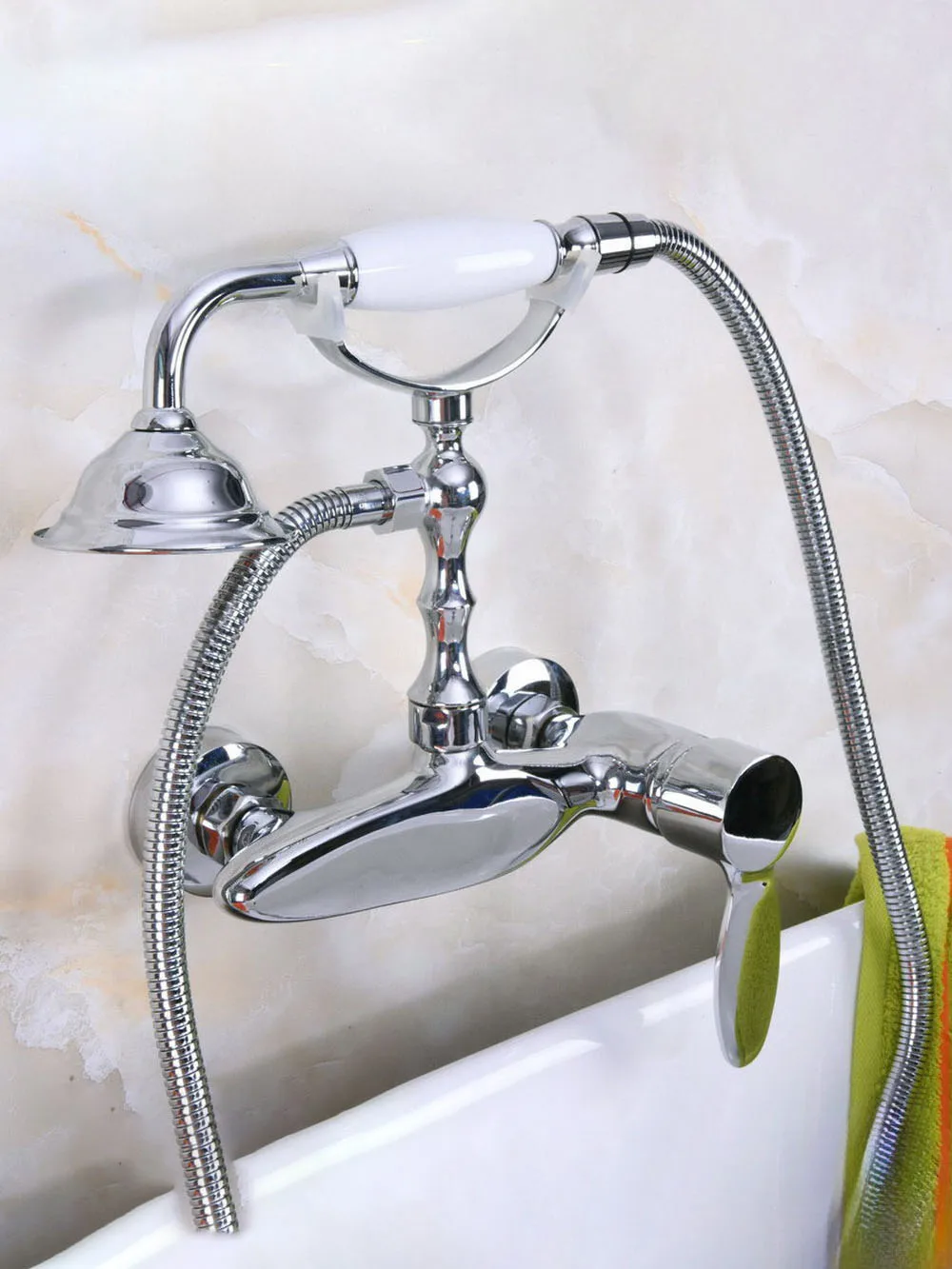 

Polished Chrome Brass Wall Mount Bathtub Faucet with Handheld Shower Set +1500MM Hose Mixer Tap 2na182