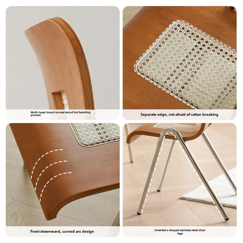 Home Restaurant Creative Rattan Backrest Dining Chair Living Room Bedroom Comfortable Stainless Steel Solid Wood Backrest Stool