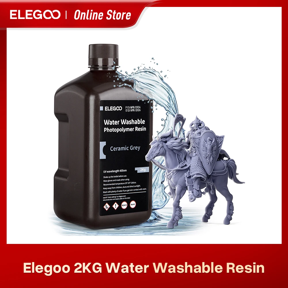 ELEGOO 3D Printer Resin 2kg 405nm UV Curing Water Washable Resin for LCD 3D Printing,High Precision,Low Odor,Grey 2000g