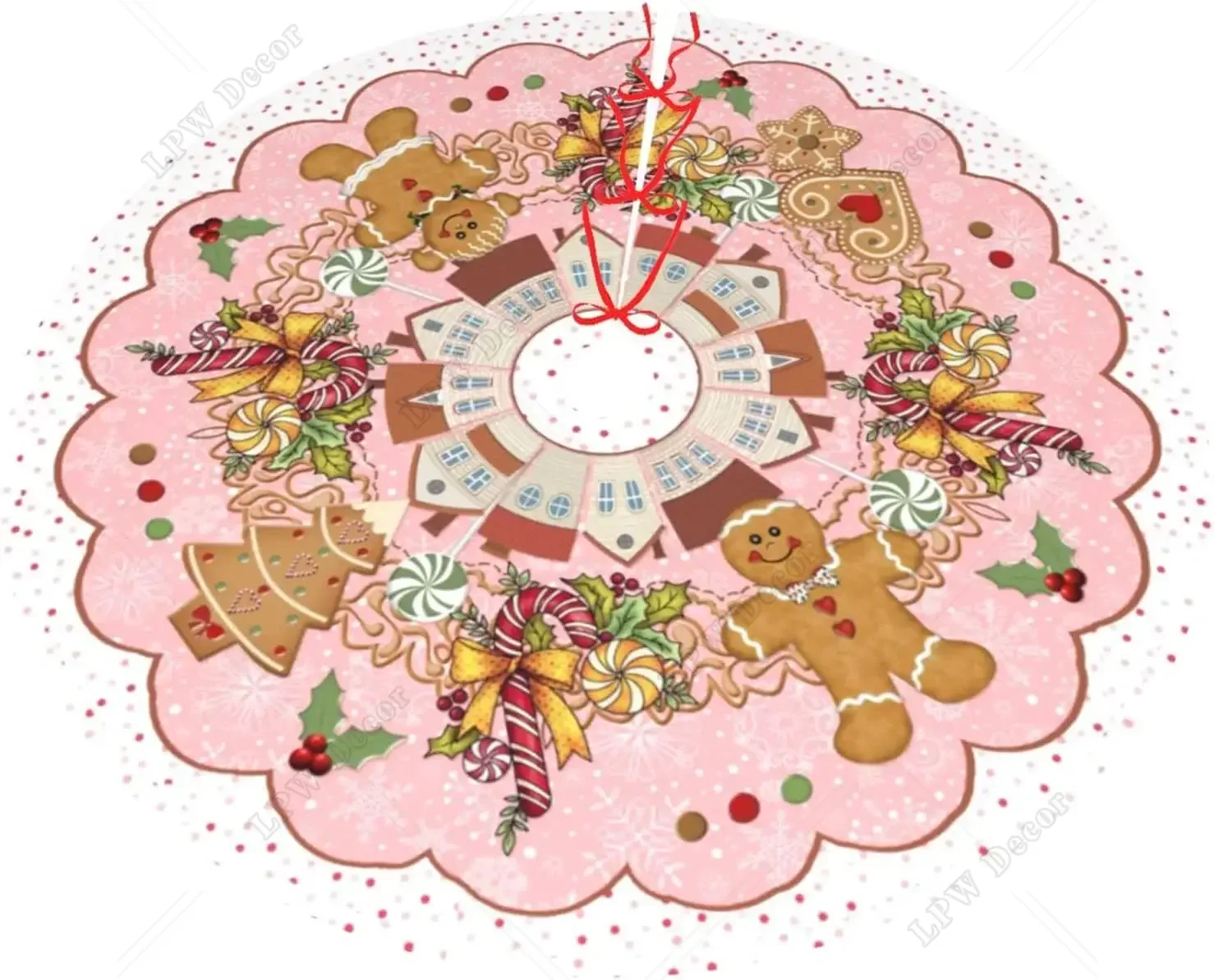 Cute Pink Gingerbread Candy Christmas Tree Skirt, Large Tree Mat Base Cover for Xmas Festive Holiday Party Ornaments Decoration