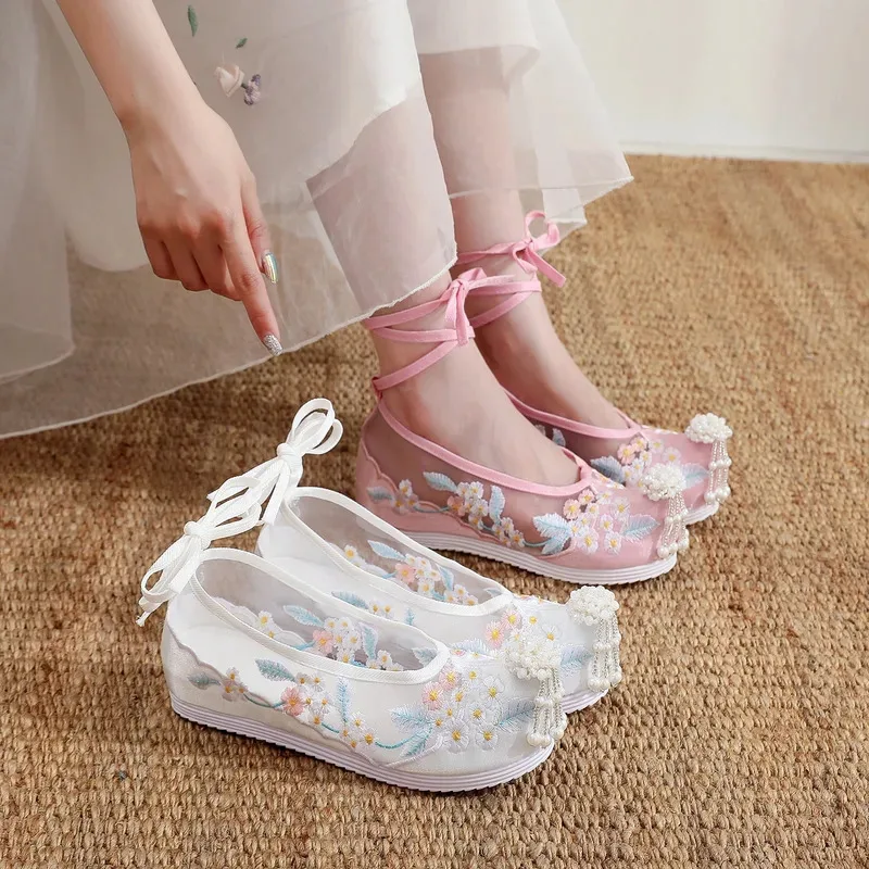 Hanfu meninas dinastia ming pérola streaming bordado flor sola macia sapatos de noiva alta ascensão antigo traje adereços ir;l5