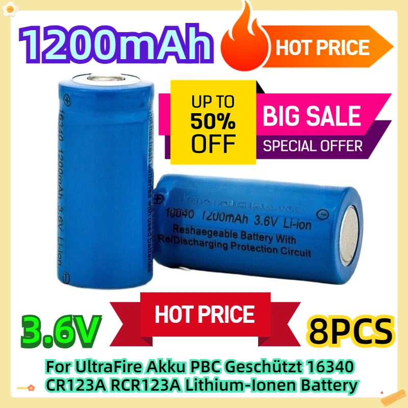 For UltraFire Akku PBC Geschützt 16340 CR123A RCR123A 1200mAh 3.6V Lithium-Ionen Battery 8pcs