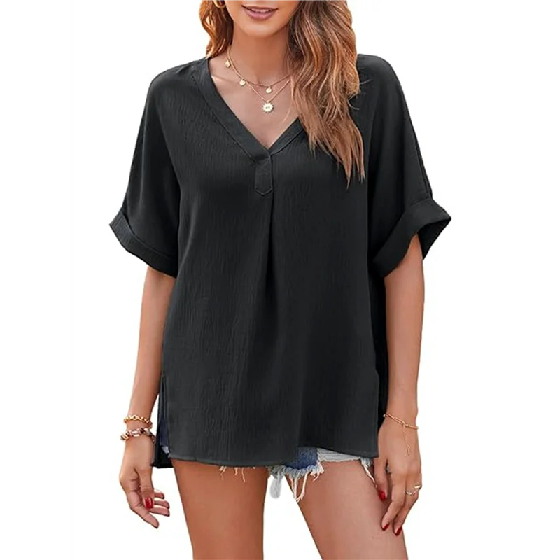 

AG-Womens Collared V Neck Short Sleeve Shirts Business Casual Tops Loose Work Blouses