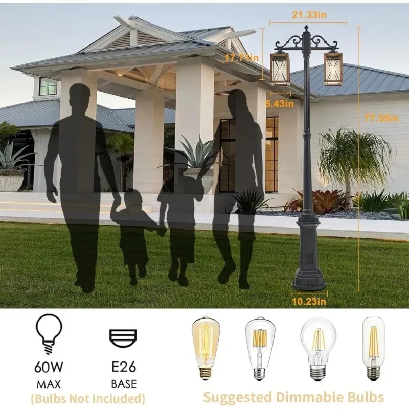 أثاث الحدائق تصميم مبتكر من الغسق إلى الفجر أضواء عمود المصابيح الخارجية مع منفذ GFCI، ضوء شارع المزرعة برأس مزدوج