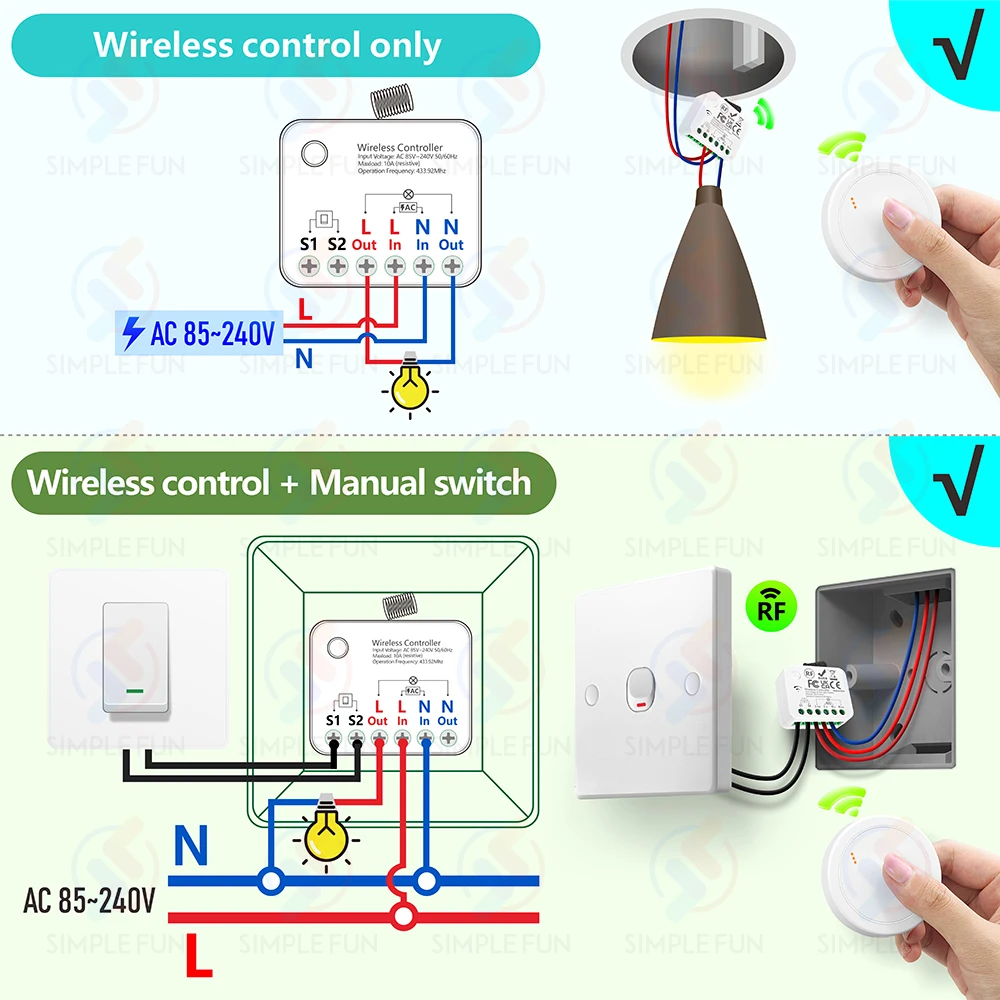 433Mhz Mini Wireless Smart Light Switch 110V 220V 230V Mini Round Remote Control Switch 5/10/15 mins Delay Function for Lamp/LED