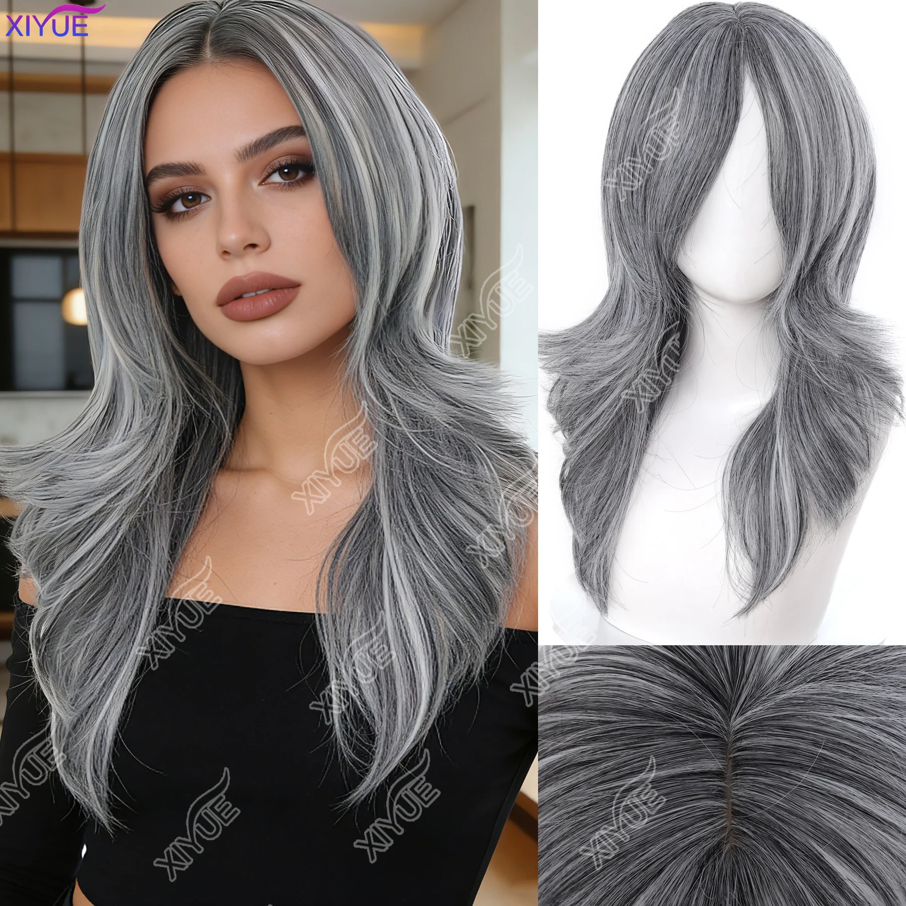 

XIYUE Ashely Black Wig Female Headband Body Wavy Synthetic Wigs for Women Brown Ombre Wavy Layered Hair Wig With Bangs 가발