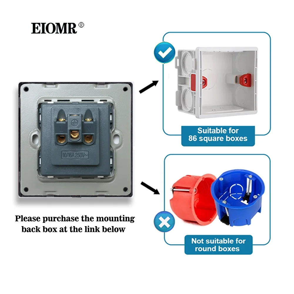 EIOMR Wall Power Universal International 3 Hole Socket AC 110~250V 86mm*86mm Flame Retardant PC Panel EU Standard Socket