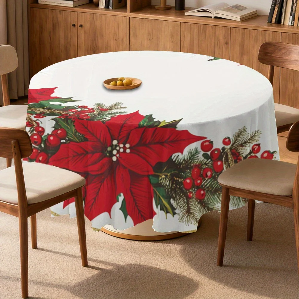 A single Christmas-themed wreath tablecloth, designed for an artistic dining experience, adds vibrancy to the round table