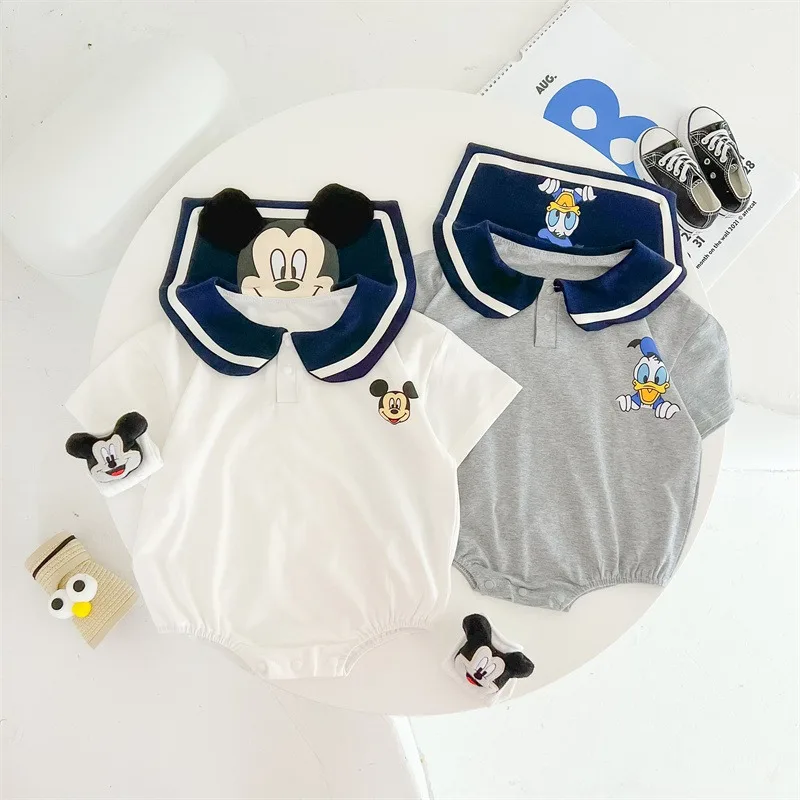 Disney Mickey Mouse/Donald Duck Rompers Cartoon Triangle Summer Soft Cotton Photo Suit Clothing Bodysuits Newborn Clothes K6622