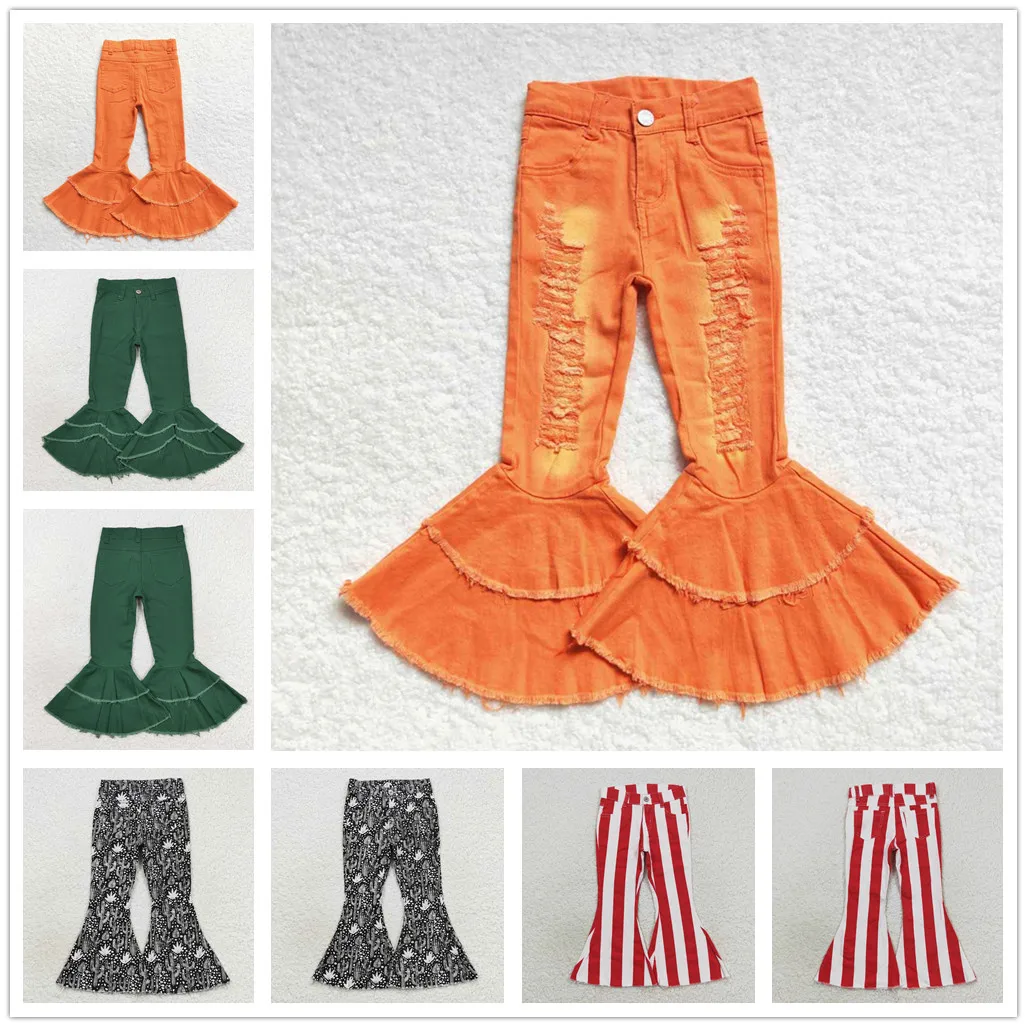 New Update RTS NO MOQ Children Bell Bottom Trousers Little Girls Denim Pants K​ids Orange Ripped Jeans