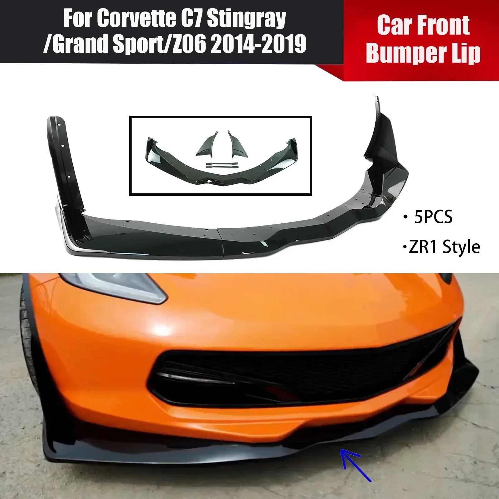 5PCS Car Front Bumper Lip With Winglet For Corvette C7 Stingray/Grand Sport/Z06 2014-2019 ZR1 Style Spoiler Diffuser Body Kit