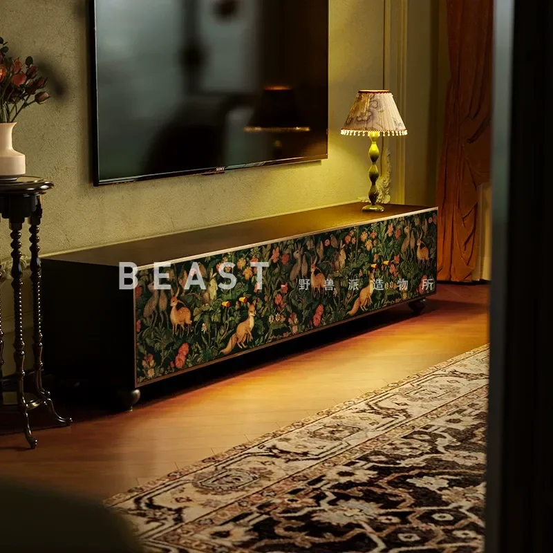 Medieval Style Forest Animal TV Cabinet Solid Wood Storage Cabinet for Living Room Entrance Decorative Vertical Console