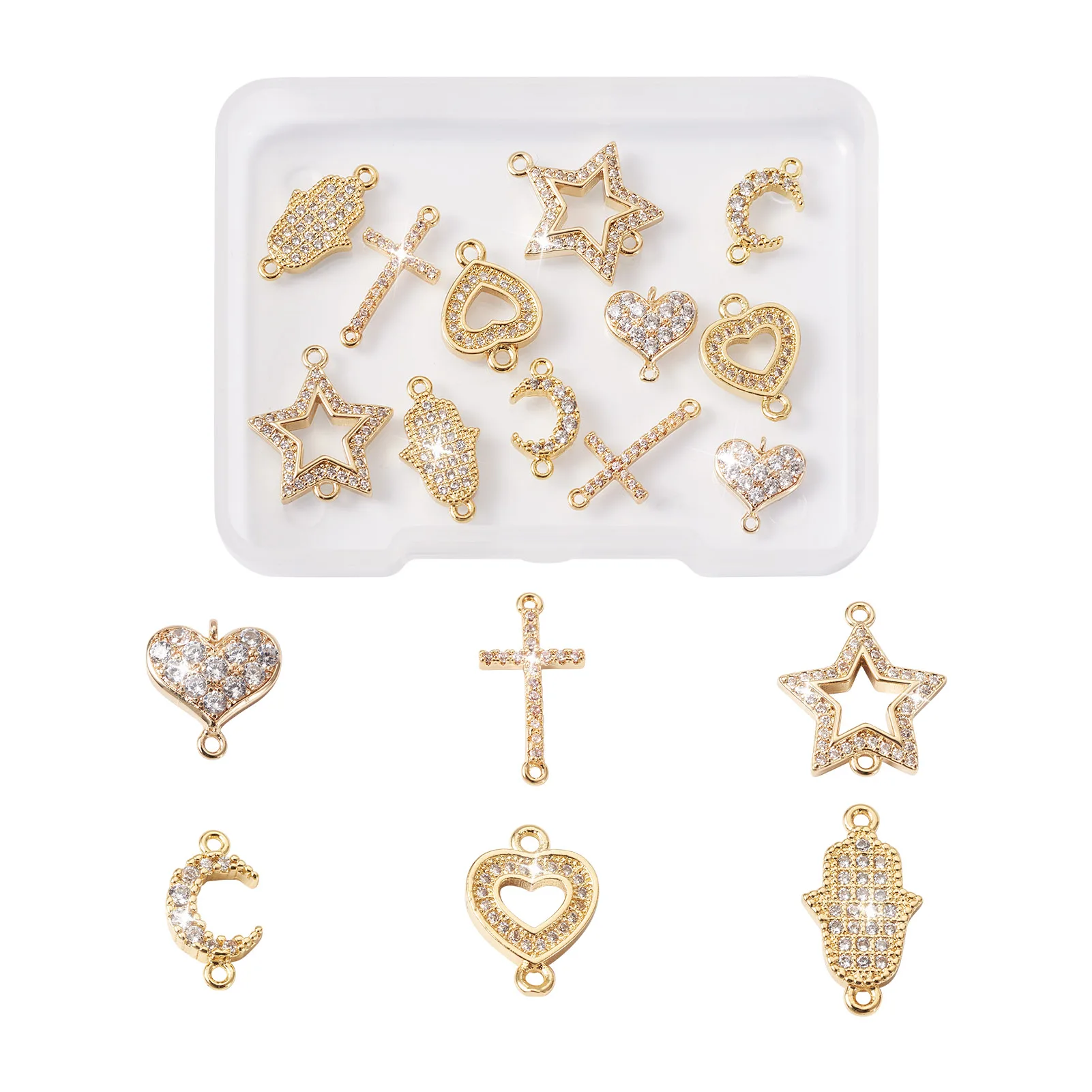 

12pcs Golden Brass Cubic Zirconia Connector Charms Assorted 2-Hole Sideways Cross Star Rhinestone Links for DIY Jewelry Making